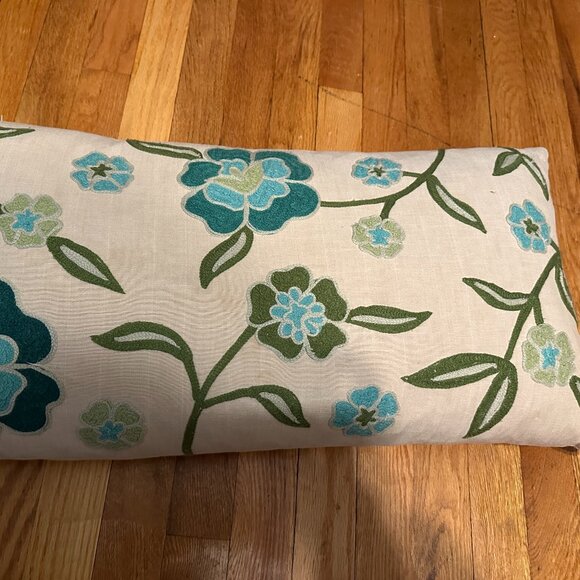NEW Pier One Lumbar Embroidered floral blue and Green Pillow w/ tan background - Picture 11 of 11